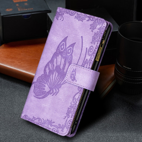 Boîtier de gaufrage de papillon volant à glissière Horizontal Flip Cuir Toot avec porte-carte et portefeuille pour iPhone 13 Pro (violet) SH003B751-07