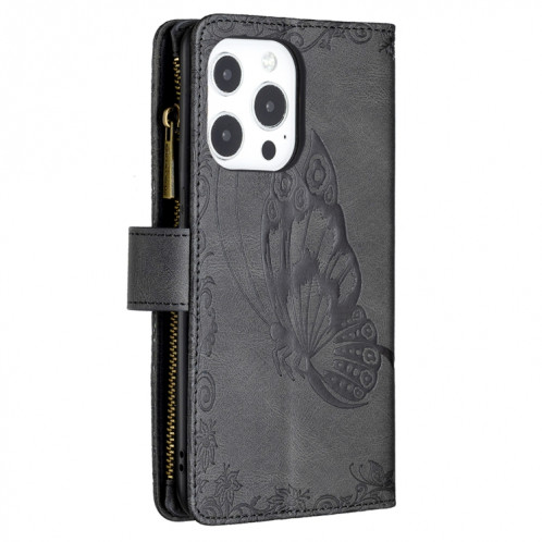 Flying Butterfly Modèle de gaufrage Zipper Horizontal Flip Cuir Toot avec porte-carte et portefeuille pour iPhone 13 PRO (Noir) SH003D655-07