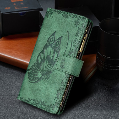 Flying Butterfly Modèle de gaufrage à glissière à glissière Horizontal Flip Cuir Coffret avec porte-cartes et portefeuille pour iPhone 13 Pro (Vert) SH003E1560-07