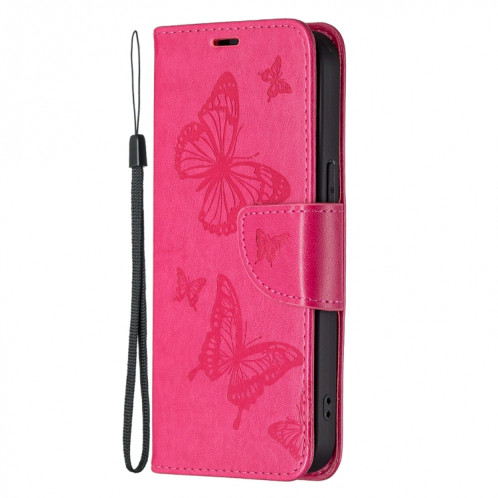 Embossage Deux Papillons Motif Horizontal Flip PU Housse en cuir PU avec support et portefeuille et portefeuille et longe pour iPhone 13 mini (Rose Rouge) SH301C1708-07