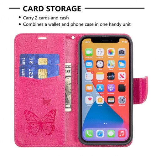 Embossage Deux Papillons Motif Horizontal Flip PU Housse en cuir PU avec support et portefeuille et portefeuille et longe pour iPhone 13 mini (Rose Rouge) SH301C1708-07