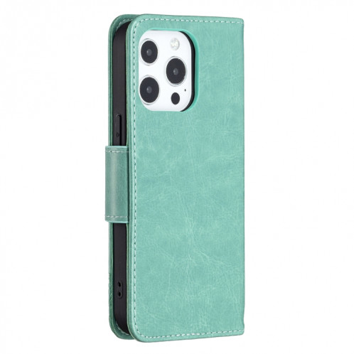 Embossing Deux papillons Motif Horizontal Flip PU Coque en cuir PU avec support & carte Slot & Portefeuille et longe pour iPhone 13 mini (vert) SH301F703-07