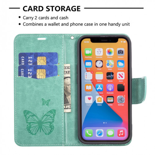 Embossing Deux papillons Motif Horizontal Flip PU Coque en cuir PU avec support & carte Slot & Portefeuille et longe pour iPhone 13 mini (vert) SH301F703-07