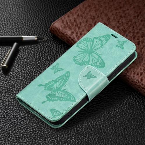 Embossing Deux papillons Motif Horizontal Flip PU Coque en cuir PU avec support & carte Slot & Portefeuille et longe pour iPhone 13 mini (vert) SH301F703-07