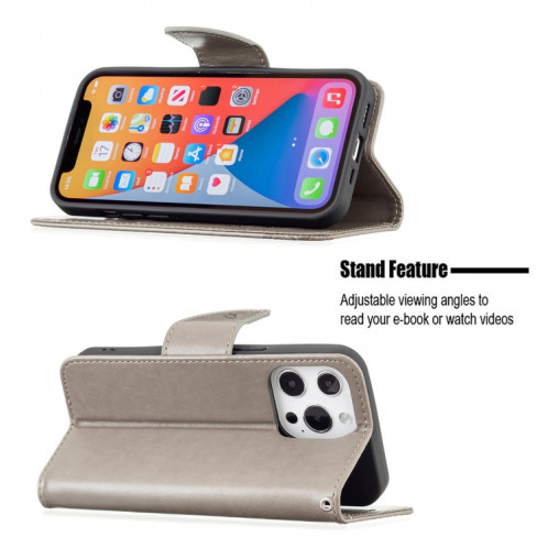 Embossing Deux papillons Motif Horizontal Flip PU Coque en cuir PU avec support et portefeuille et portefeuille et longe pour iPhone 13 (gris) SH302A46-07