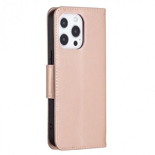 Embossage Deux papillons Motif Horizontal Flip PU Coque en cuir PU avec support et portefeuille et portefeuille et longe pour iPhone 13 (or rose) SH302D570-07