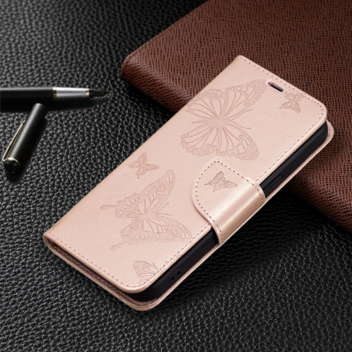 Embossage Deux papillons Motif Horizontal Flip PU Coque en cuir PU avec support et portefeuille et portefeuille et longe pour iPhone 13 (or rose) SH302D570-07