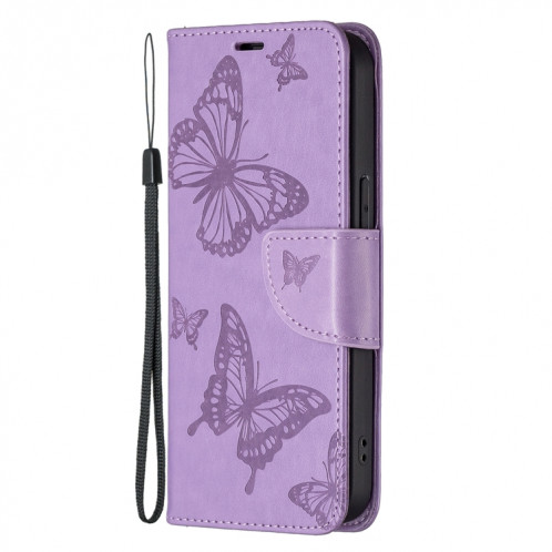 Embossage Deux Papillons Motif Horizontal Flip PU Coque en cuir PU avec support et portefeuille et portefeuille et longe pour iPhone 13 (violet) SH302E374-07