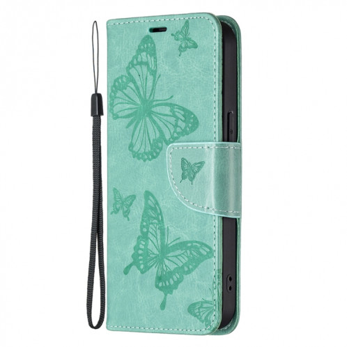 Embossing Deux Motif de papillons Horizontal Flip PU Coque en cuir PU avec support et carte de portefeuille et portefeuille et longe pour iPhone 13 (vert) SH302F759-07