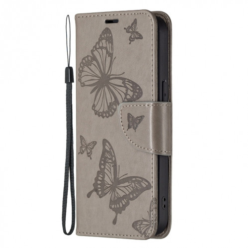 Embossing Deux papillons Motif Horizontal Flip PU Coque en cuir PU avec support & carte Slot & Portefeuille et longe pour iPhone 13 Pro (gris) SH303A298-07