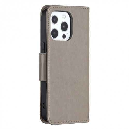 Embossing Deux papillons Motif Horizontal Flip PU Coque en cuir PU avec support & carte Slot & Portefeuille et longe pour iPhone 13 Pro (gris) SH303A298-07