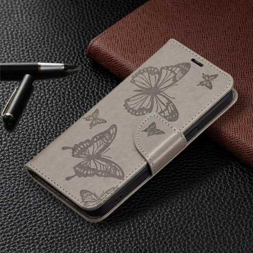 Embossing Deux papillons Motif Horizontal Flip PU Coque en cuir PU avec support & carte Slot & Portefeuille et longe pour iPhone 13 Pro (gris) SH303A298-07