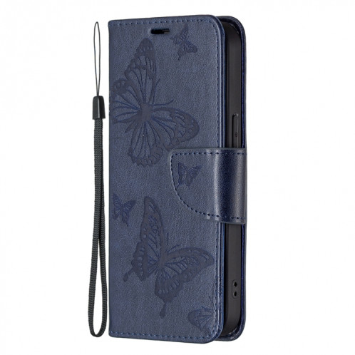 Embossing Deux Papillons Motif Horizontal Flip PU Housse en cuir PU avec support et portefeuille et portefeuille et longe pour iPhone 13 Pro (Bleu) SH303B1873-07