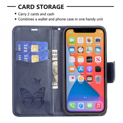 Embossing Deux Papillons Motif Horizontal Flip PU Housse en cuir PU avec support et portefeuille et portefeuille et longe pour iPhone 13 Pro (Bleu) SH303B1873-07