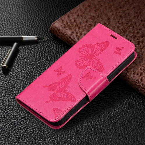 Embossing Deux Papillons Motif Horizontal Flip PU Housse en cuir PU avec support et portefeuille et portefeuille et longe pour iPhone 13 Pro (Rose rouge) SH303C1959-07