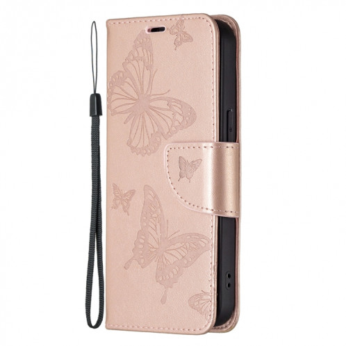 Embossing Deux Papillons Motif Horizontal Flip PU Housse en cuir PU avec support et portefeuille et portefeuille et longe pour iPhone 13 Pro (Rose Gold) SH303D592-07