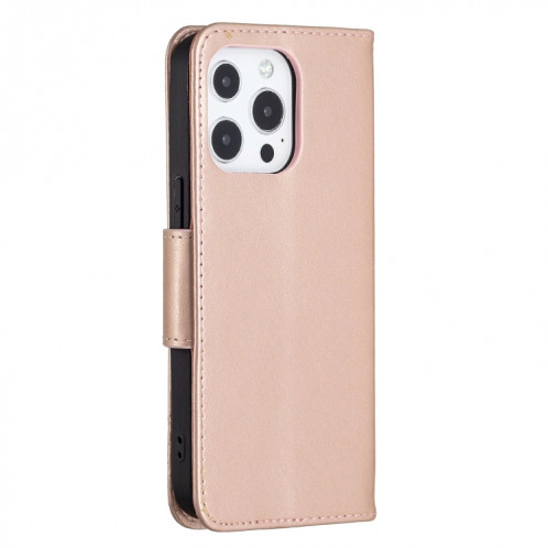 Embossing Deux Papillons Motif Horizontal Flip PU Housse en cuir PU avec support et portefeuille et portefeuille et longe pour iPhone 13 Pro (Rose Gold) SH303D592-07