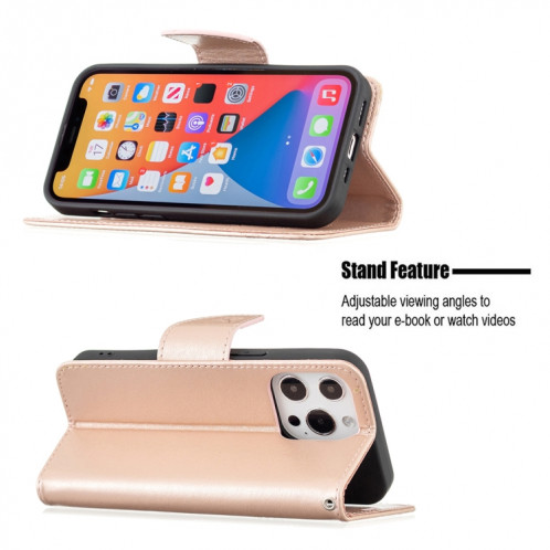 Embossing Deux Papillons Motif Horizontal Flip PU Housse en cuir PU avec support et portefeuille et portefeuille et longe pour iPhone 13 Pro (Rose Gold) SH303D592-07