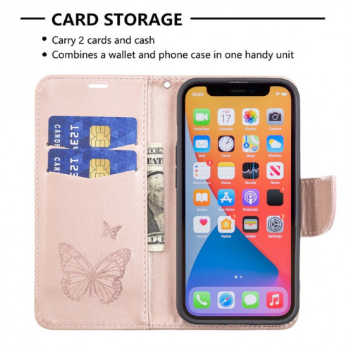 Embossing Deux Papillons Motif Horizontal Flip PU Housse en cuir PU avec support et portefeuille et portefeuille et longe pour iPhone 13 Pro (Rose Gold) SH303D592-07