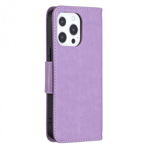 Embossing Deux Butterflies Motif Horizontal Flip PU Housse en cuir PU avec support et porte-cartes et portefeuille et longe pour iPhone 13 Pro (violet) SH303E1901-07