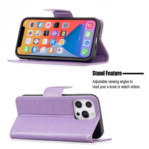 Embossing Deux Butterflies Motif Horizontal Flip PU Housse en cuir PU avec support et porte-cartes et portefeuille et longe pour iPhone 13 Pro (violet) SH303E1901-07