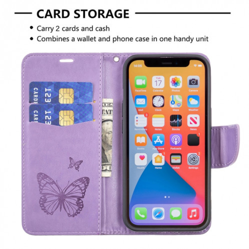 Embossing Deux Butterflies Motif Horizontal Flip PU Housse en cuir PU avec support et porte-cartes et portefeuille et longe pour iPhone 13 Pro (violet) SH303E1901-07