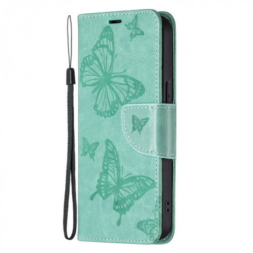 Gravage Deux papillons Motif Horizontal Flip PU Coque en cuir PU avec support et porte-cartes et portefeuille et longe pour iPhone 13 Pro (Vert) SH303F683-07