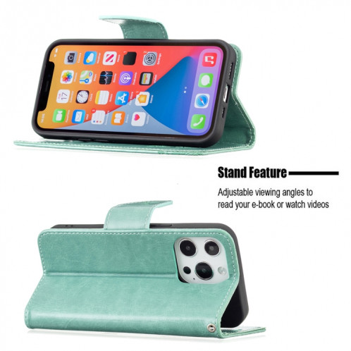 Gravage Deux papillons Motif Horizontal Flip PU Coque en cuir PU avec support et porte-cartes et portefeuille et longe pour iPhone 13 Pro (Vert) SH303F683-07