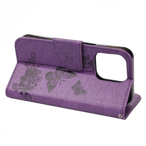 Modèle de papillon floral en relief Vintage Horizontal Flip Cuir Toot avec fente et portefeuille et portefeuille et longe pour iPhone 13 mini (violet) SH702G674-07