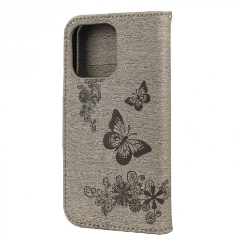 Modèle de papillon floral en relief Vintage Horizontal Flip Cuir Toot avec fente et portefeuille et portefeuille et longe pour iPhone 13 (gris) SH703E1256-07