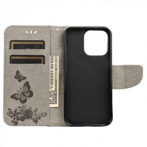 Modèle de papillon floral en relief Vintage Horizontal Flip Cuir Toot avec fente et portefeuille et portefeuille et longe pour iPhone 13 (gris) SH703E1256-07