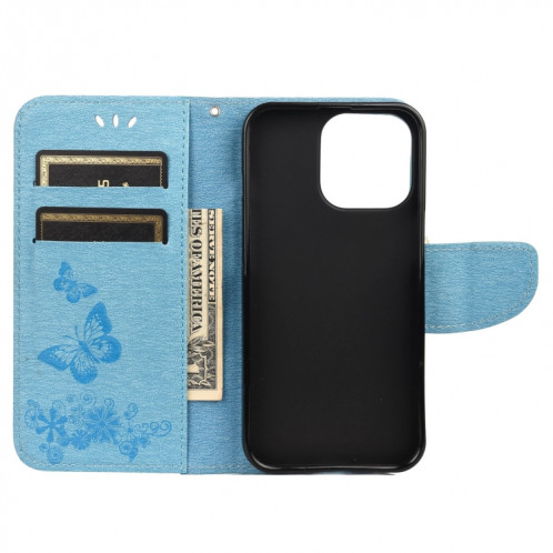 Modèle de papillon floral en relief Vintage Horizontal Flip Coating avec fente et portefeuille et portefeuille et longe pour iPhone 13 Pro (Bleu) SH704C1309-07