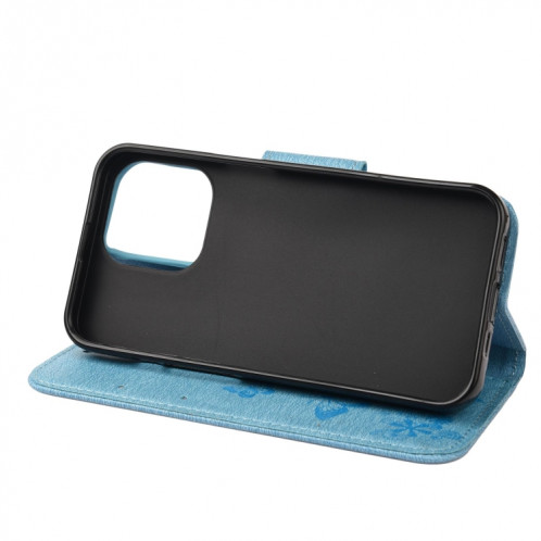 Modèle de papillon floral en relief Vintage Horizontal Flip Coating avec fente et portefeuille et portefeuille et longe pour iPhone 13 Pro (Bleu) SH704C1309-07