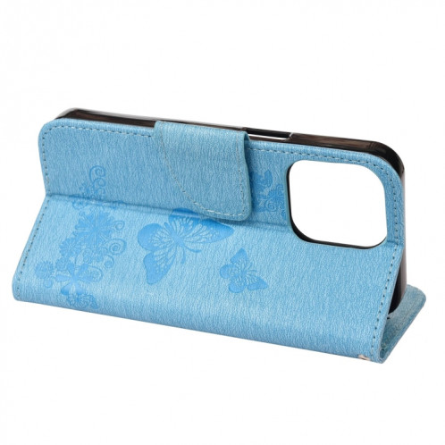 Modèle de papillon floral en relief Vintage Horizontal Flip Coating avec fente et portefeuille et portefeuille et longe pour iPhone 13 Pro (Bleu) SH704C1309-07