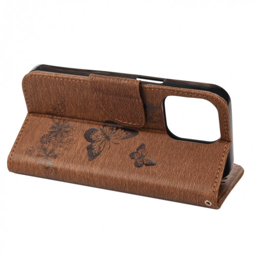 Motif floral en relief millésime Horizontal Flip Cuir étui avec fente et portefeuille et portefeuille et longe pour iPhone 13 Pro (Brown) SH704D642-07