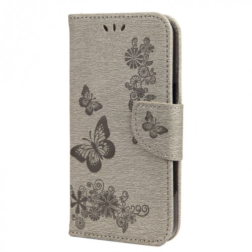 Vintage en relief floral motif de papillon floral horizontal case en cuir avec fente et portefeuille et portefeuille et longe pour iPhone 13 Pro (gris) SH704E1556-07