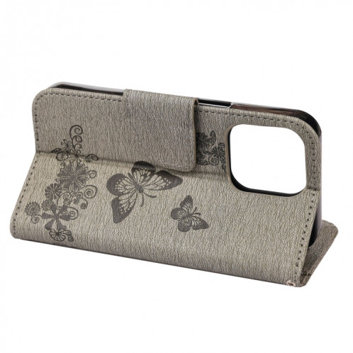 Vintage en relief floral motif de papillon floral horizontal case en cuir avec fente et portefeuille et portefeuille et longe pour iPhone 13 Pro (gris) SH704E1556-07
