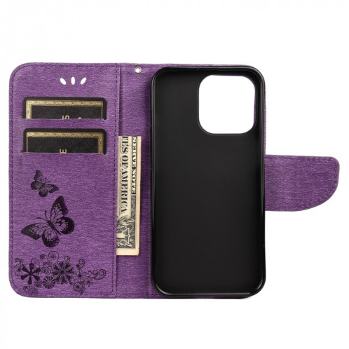 Vintage Mattern Floral Papourfly Motif Horizontal Flip Cuir Coffret avec fente et portefeuille et portefeuille et longe pour iPhone 13 Pro (violet) SH704G1160-07