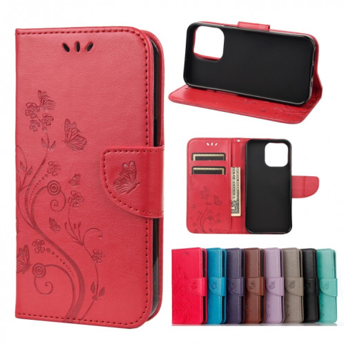 Modèle de fleur papillon Horizontal Flip Cuir Coffret avec porte-carte et portefeuille pour iPhone 13 mini (rouge) SH802D1406-07