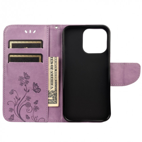 Pochette de fleurs Papillon Horizontal Flip Cuir Toot avec porte-carte et portefeuille pour iPhone 13 Pro (Violet léger) SH804A1989-07