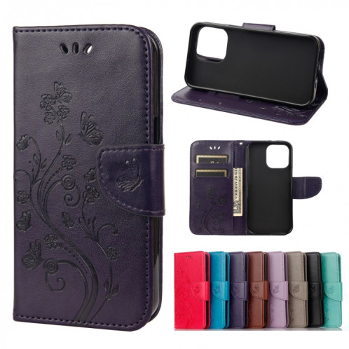 Boîtier de fleurs de fleurs de papillon Horizontal Horizontal Horizan Coque avec porte-cartes et portefeuille pour iPhone 13 Pro (Purple Deep) SH804E1807-07