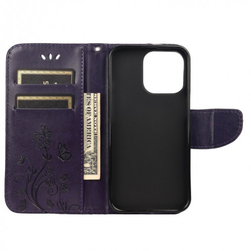Boîtier de fleurs de fleurs de papillon Horizontal Horizontal Horizan Coque avec porte-cartes et portefeuille pour iPhone 13 Pro (Purple Deep) SH804E1807-07