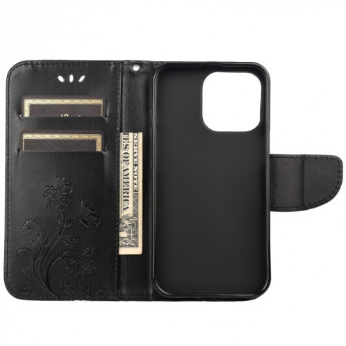 Modèle de fleurs papillon Horizontal Flip Cuir Coffret avec porte-carte et portefeuille pour iPhone 13 Pro (Noir) SH804F601-07