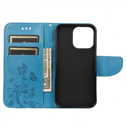 Modèle de fleur papillon Horizontal Flip Cuir Toot avec porte-carte et portefeuille pour iPhone 13 Pro (Bleu) SH804G76-07