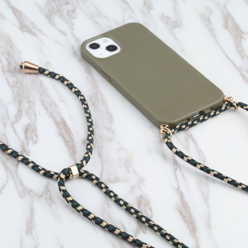 Matériau de paille de blé + TPU Case antichoc avec lanière à cou pour iPhone 13 (vert foncé) SH102A444-07