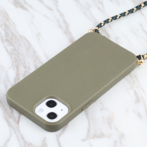 Matériau de paille de blé + TPU Case antichoc avec lanière à cou pour iPhone 13 (vert foncé) SH102A444-07