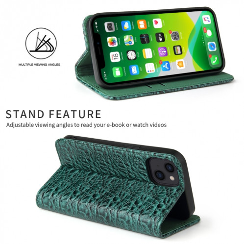 Fierre Shann Crocodile Texture magnétique Horizontal Horizontal Véritable étui en cuir véritable avec support et fente pour carte pour iPhone 13 (vert) SF902B210-08