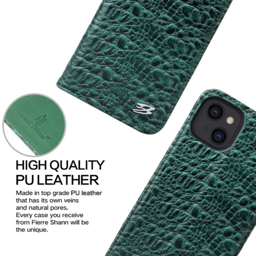 Fierre Shann Crocodile Texture magnétique Horizontal Horizontal Véritable étui en cuir véritable avec support et fente pour carte pour iPhone 13 (vert) SF902B210-08