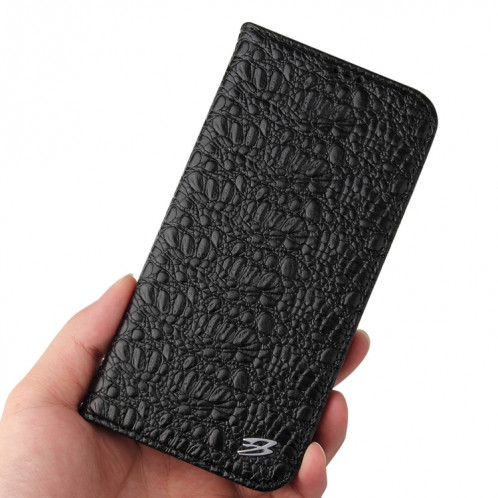 Fierre Shann Crocodile Texture magnétique Horizontal Horizontal Véritable étui en cuir avec support et fente pour carte pour iPhone 13 Pro (Noir) SF903A1218-08