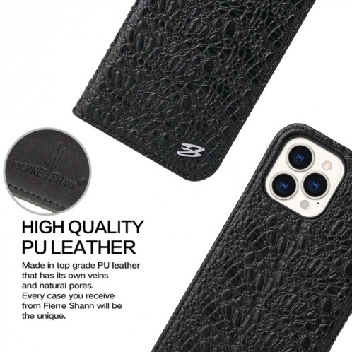 Fierre Shann Crocodile Texture magnétique Horizontal Horizontal Véritable étui en cuir avec support et fente pour carte pour iPhone 13 Pro (Noir) SF903A1218-08